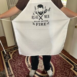 White Apron with Black Graphic Print- Real men play with fire- new